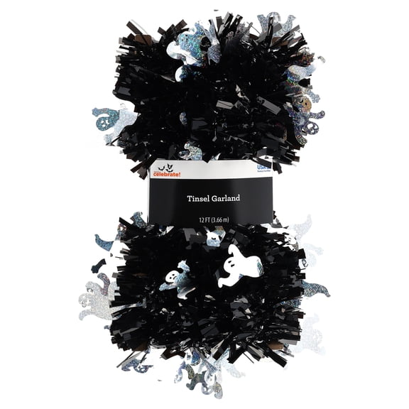 Tinsel Garland with Ghost Cut-Outs, Silver and Black, 12', Halloween by Way To Celebrate