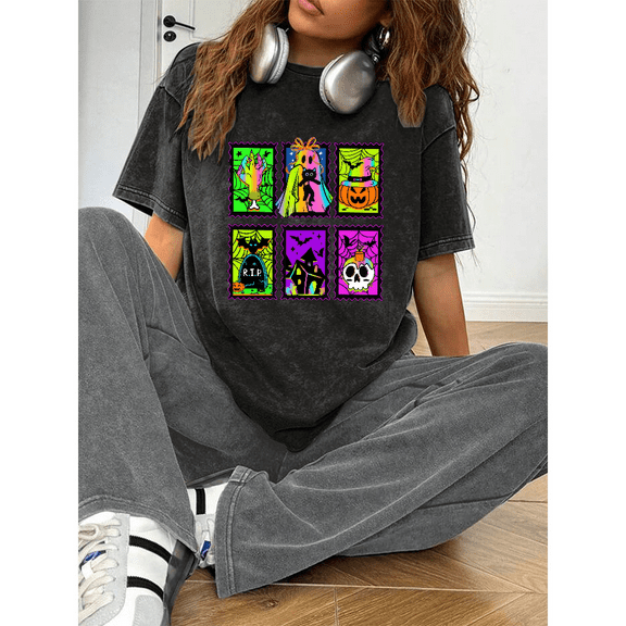 Halloween six-grid cute pumpkin ghost, washed round-neck short-sleeved cotton comfortable black S-2XL Plus size