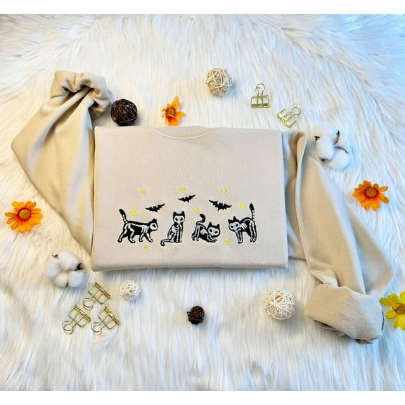 Halloween skeleton Cat Embroidered Sweatshirt