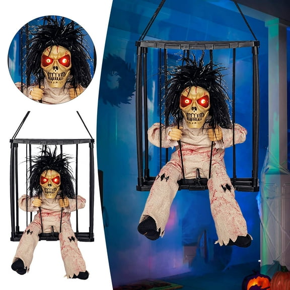 Halloween Skeleton Ghost Pendant Props, Caged Ghost Electric Toy, Scary Looking, Luminous and Audible, Suitable for Haunted House Decoration, Indoor and Outdoor Decoration.