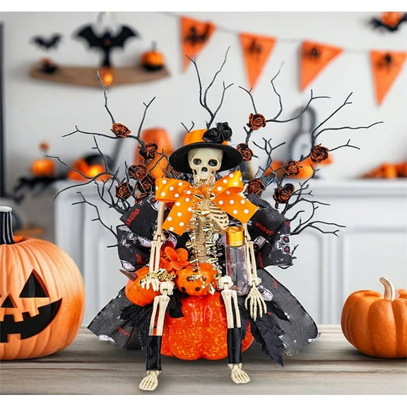 Halloween skull skeleton pumpkin window display horror atmosphere skull dead branch decoration