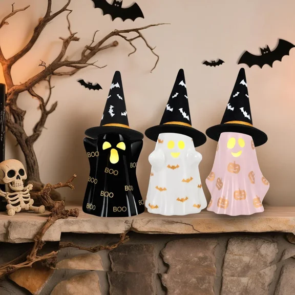 Halloween-style decoration, 3-piece ceramic ghost model with LED lights, suitable for mantelpiece, tabletop, bedroom, etc.