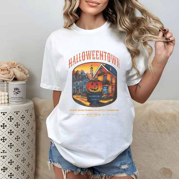 Halloween town T-Shirt - Pattern printing,Spooky Graphic Tees Causal short sleeve,Humorous design cotton,white,S-5XL