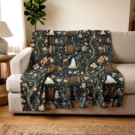 Halloween velveteen plush blanket Ghost Library Plush Blanket Cozy Reading Blanket, 30 x 40 in