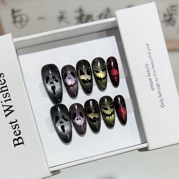 Halloween wear armor personality black cat eye manicure dark funny skeleton monster hand-painted detachable short nail film