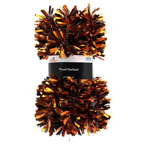 Wide-Cut Tinsel Garland, Orange and Black, 12', Halloween by Way To Celebrate