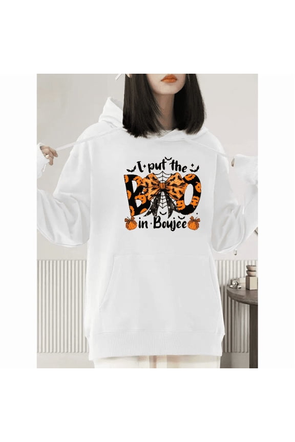 Halloween women casual and fashionable long-sleeved with a spider web BOO bow and pumpkin pattern White,S-2XL