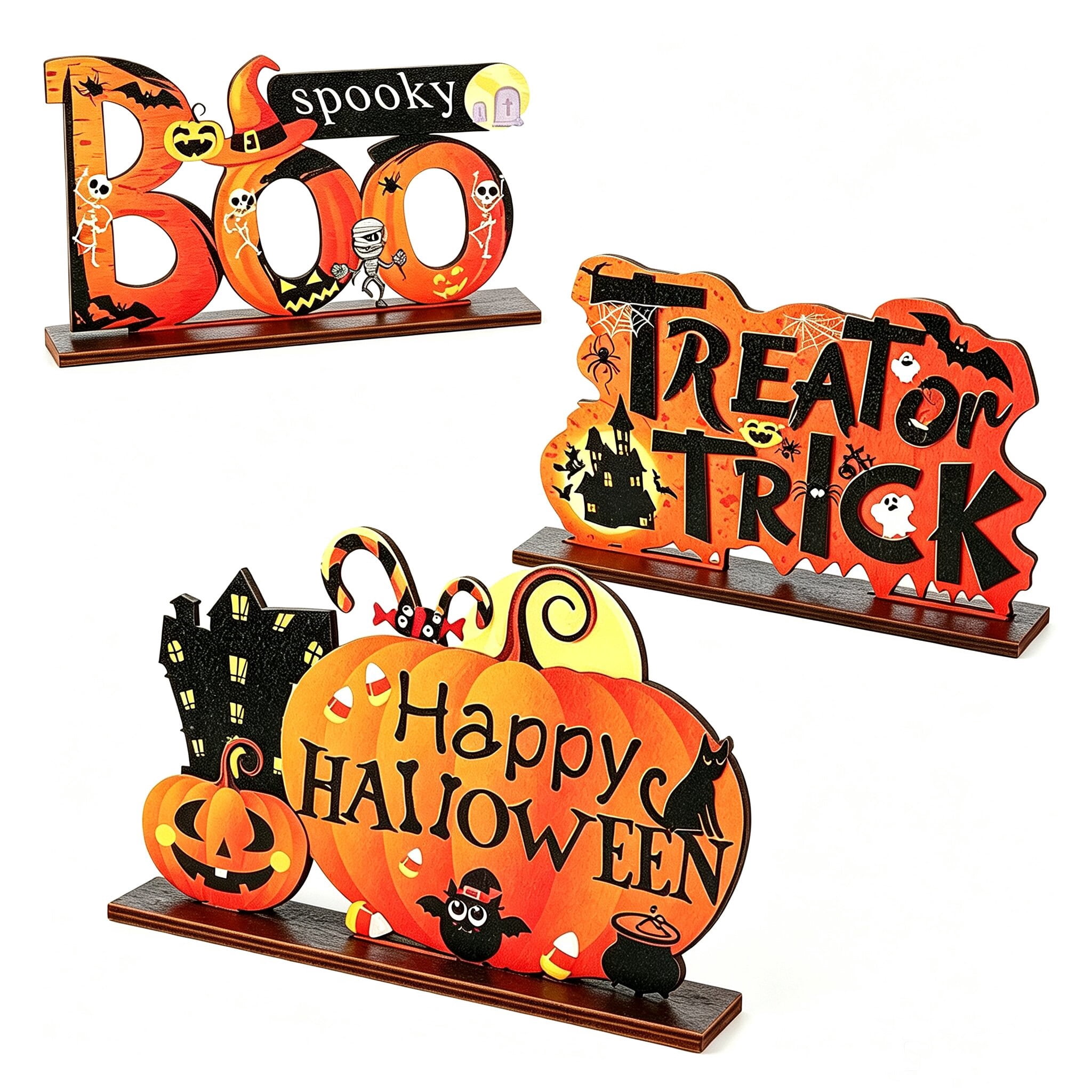Coolmade 3Pcs Halloween Centerpieces for Tables Happy Indoor Table Decorations Pumpkin Table Centerpieces Wooden Boo Trick or Treat Sign for Halloween Party Indoor Tier Tray Room