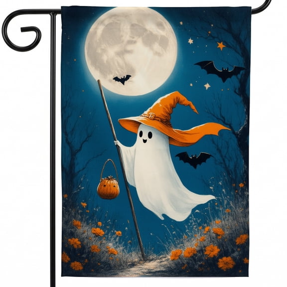 Halloween yard flag 28x40 flags for outside A ghost in a witch hat holding a broom and a pumpkin. house flags halloween yard decorations