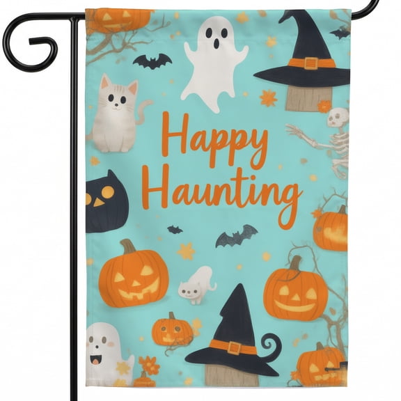 Halloween yard flag decorative flags for outside 28 x 40 A blue background with a pattern of ghosts pumpkins and witches. Happy Haunting october garden flag halloween outside decorations