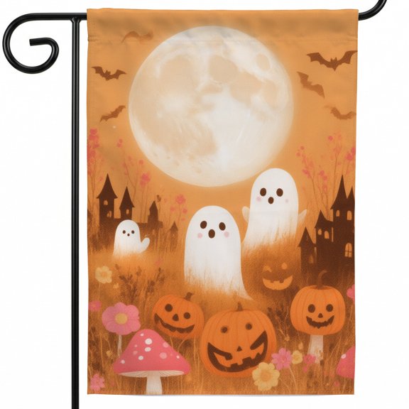 Halloween yard flag halloween flags for outside 28x40 A group of ghosts and pumpkins in a field with a full moon in the background. . seasonal house flags campsite halloween decorations