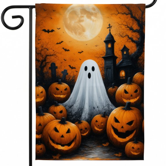 Halloween yard flag halloween flags for outside 28x40 A painting of a ghost surrounded by pumpkins in front of a graveyard. - halloween porch halloween decor farmhouse