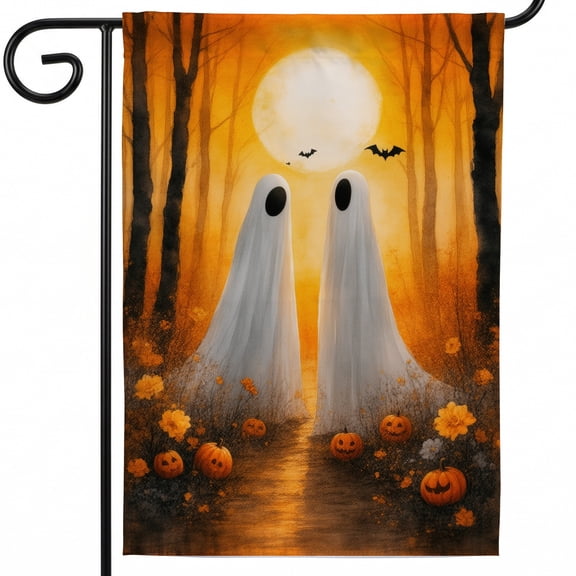 Halloween yard flag halloween flags for outside large A painting of two ghosts walking through a forest with pumpkins. - camping garden flag halloween garden