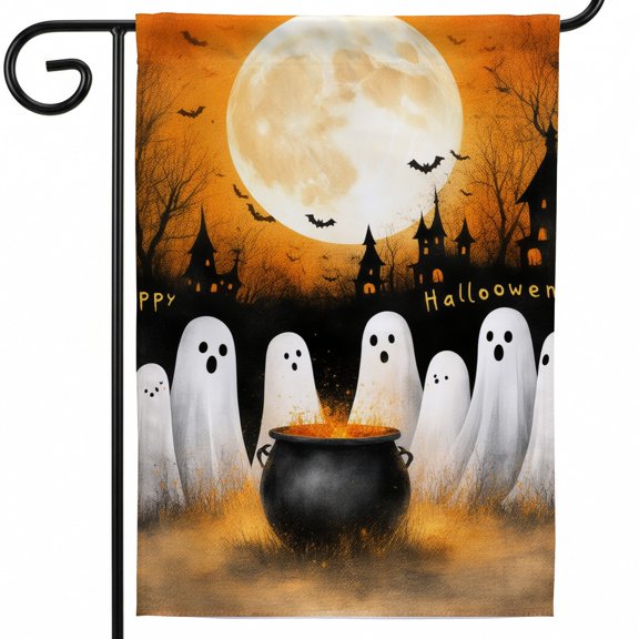 Halloween yard flags 28x40 double sided ghosts around a cauldron under a full moon PPY Large Yard Decorations.