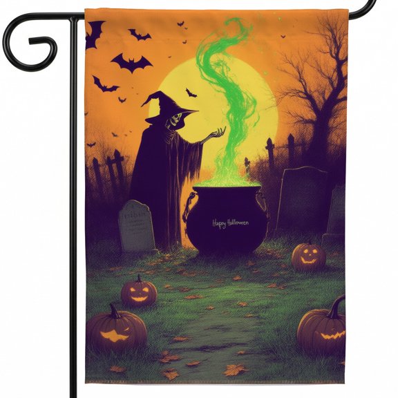 Halloween yard flags for outside halloween flag 28x40 A witch is standing in front of a cauldron with a full moon in the background. Happy Halloween seasonal outdoor flags halloween decor cute