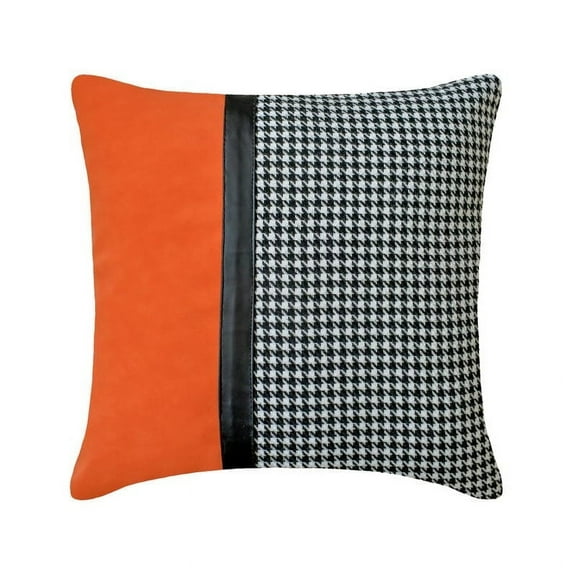 Halloweens Throw Pillow covers Orange & Black 24"x24" (60x60 cm) Jacquard & Faux Leather Halloween Decor, Houndstooth Weave Pillows, Patchwork Pillowcase, Geometric Modern - Dark Houndstooth