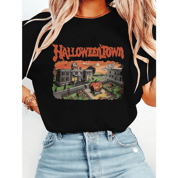 Halloweentown Est 1998 Letter Print T-shirts Vintage Halloween University & Pumpkin Graphic Tees Short Sleeve Casual Tops Black,4XL