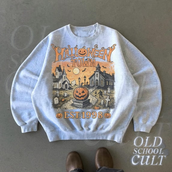 Halloweentown Est 1998 Vintage 90s Style Graphic Sweatshirt, Retro Halloween University Spooky Sweater,Ash Grey Color,Size XL