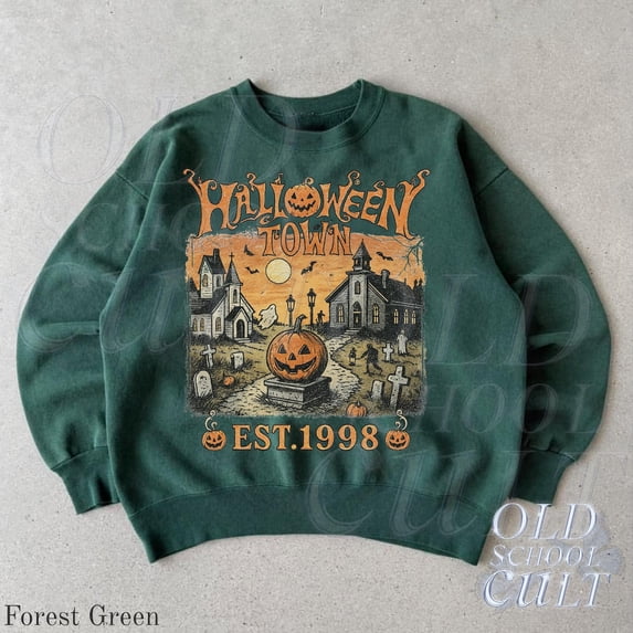 Halloweentown Est 1998 Vintage 90s Style Graphic Sweatshirt, Retro Halloween University Spooky Sweater,Forest Green Color,Size 3XL