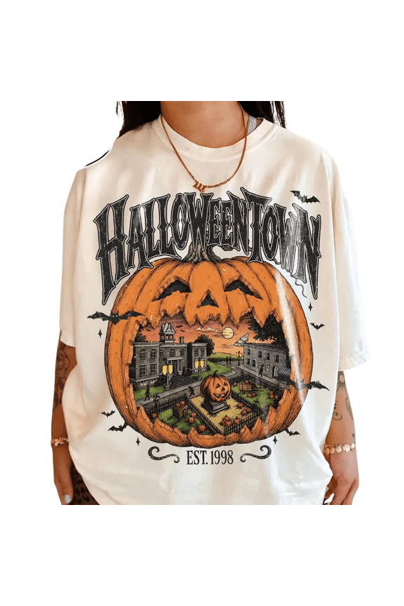 Halloweentown Pumpkin T-Shirt, Vintage Spooky Town Graphic Tee, Haunted Halloween Tshirt for Women, Retro Jack O Lantern Fall Outfit
