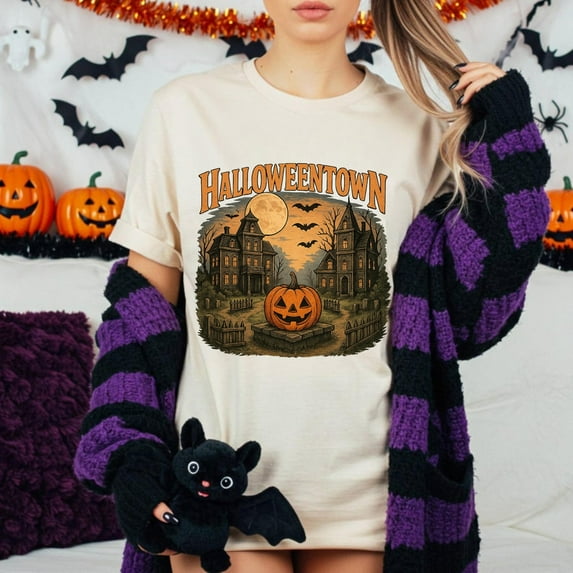 Halloweentown Shirt – Retro Halloweentown T-Shirt, | Pumpkin Moon Haunted House T-Shirt,Sand Color,Size M