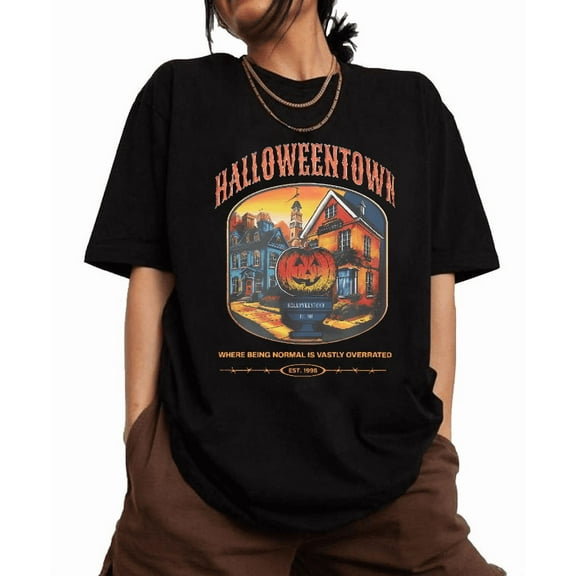 Halloweentown T-Shirt - Pattern printing,Spooky Graphic Tees for Women ,Causal short sleeve,Humorous design,Funny,cotton,black,S-5XL