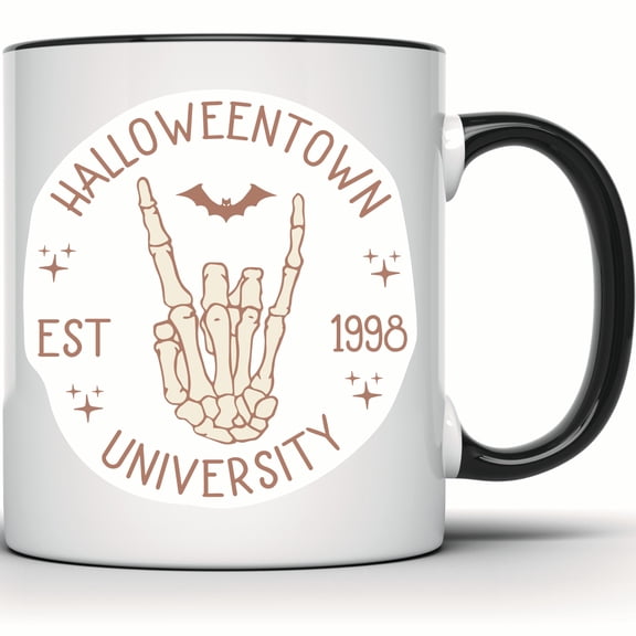 Halloweentown University Mug - Halloween Town Skeleton Hand & Bat Mug - Spooky Season 1998 Halloween Coffee Mug - 11 Ounce Black Rim Handle Novelty Coffee Cup - WMUG0418-Black Rim