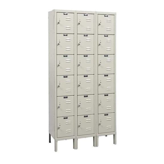 Box Locker, 36 in W, 18 in D, 78 in H, (3) Wide, (6) Tier, Tan