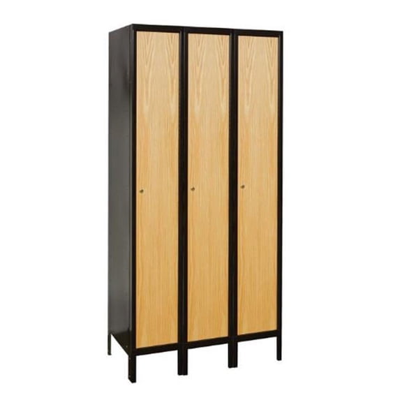 Hallowell UW3288-1MEW Hallowell Metal-Wood Hybrid Locker, 36 in. W x 18 in. D x 78 in. H, 708 Midnight Ebony Body and Frame with Red Oak Doors, Single Tier, 3-Wide, Knock-Down