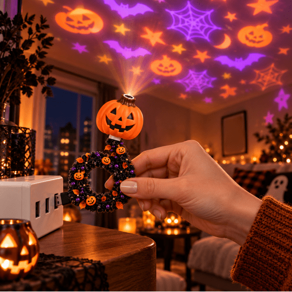 Hallowglow Projector Light, Flexible Halloween Garland Projector Light with Pumpkin Accents, USB Plug and Play Projector Lamp, Halloween Indoor Decor, Party Supplies for Home Use
