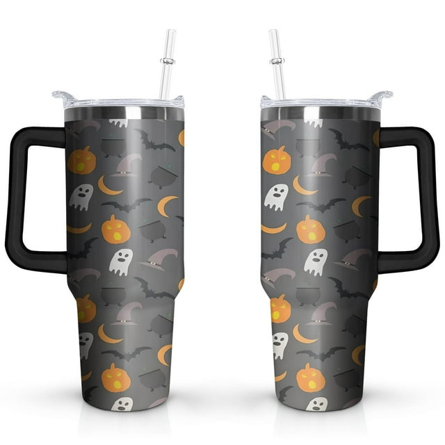 Hallowmas (186) Pumpkin Ghost Boo Witch Spider Web 40oz Stainless Steel Vacuum Insulated Tumbler with Lid and Straw for Water Iced Tea Coffee Smoothie and More Halloween Gifts