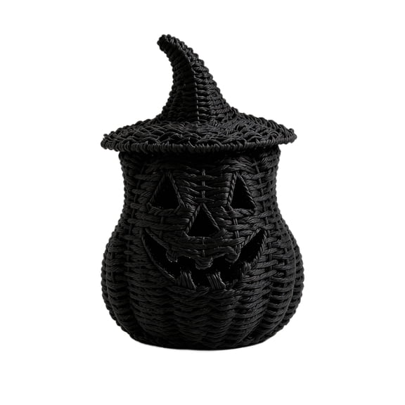All Hallows Eve Charcoal Canister, Halloween Midnight Woven Pumpkin Storage Jar, Spooky Dark Jack O Lantern Basket, Festive Gothic Holiday Home Desktop Decoration, Black