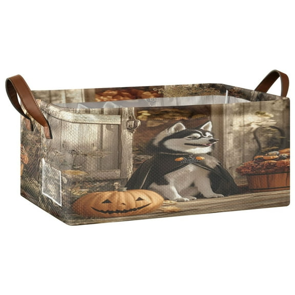 Hallowween Husky Storage Basket Soccer Plaid Fabric Hoard Box Oversized Collapsible Closet Organizer with Metal Iron Frame 16.911.47.7in
