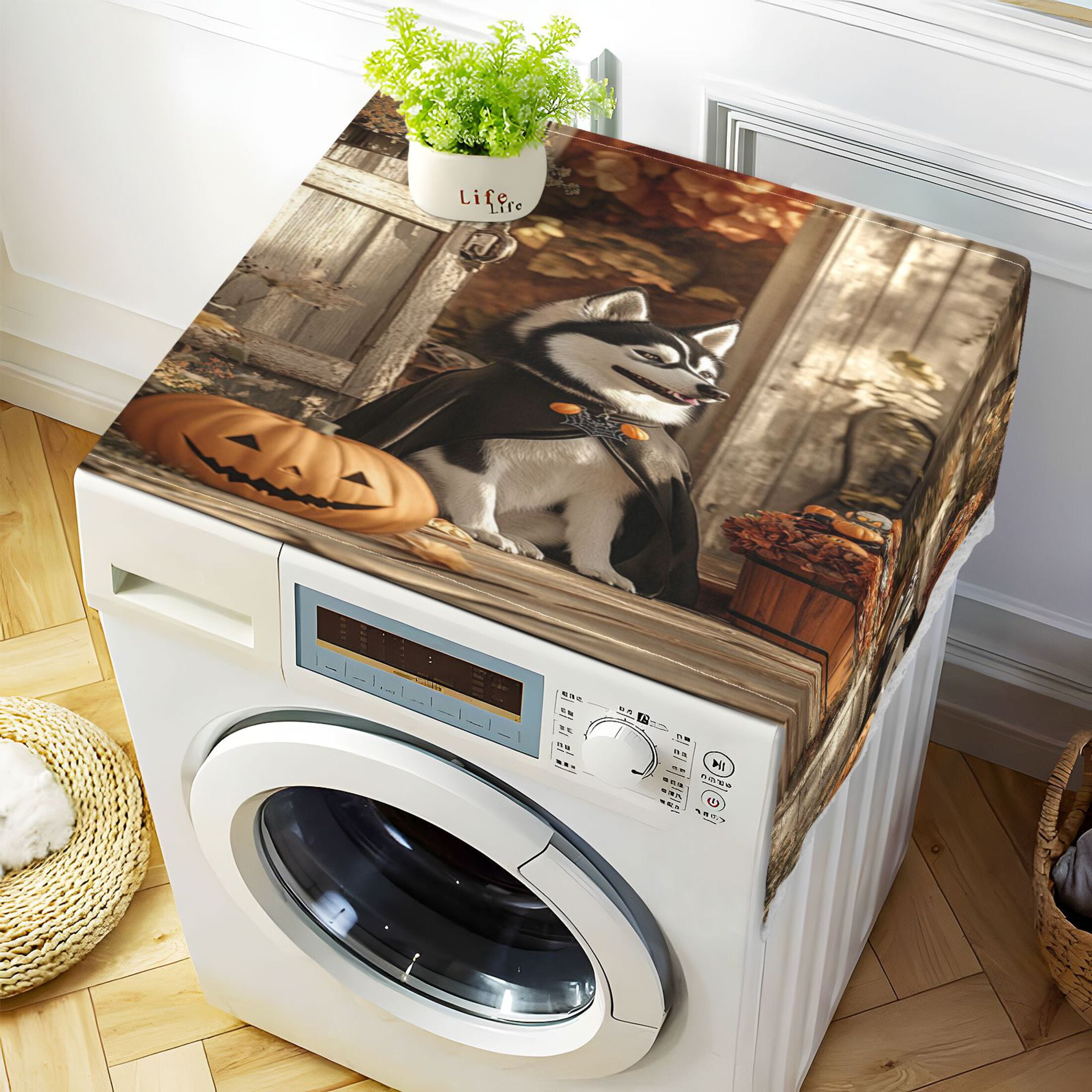 Hallowween HuskyWasher and Dryer Covers Dust-Proof and Oil Resistant Fridge Cover with 4 Storage Pockets Washing Machine Top Cover for Laundry Kitchen Home 51.2 x 22 In