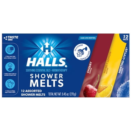 Halls 12P Shower Melt with soothing essential oils. Cherry, honey lemon and mentho-lyptus.