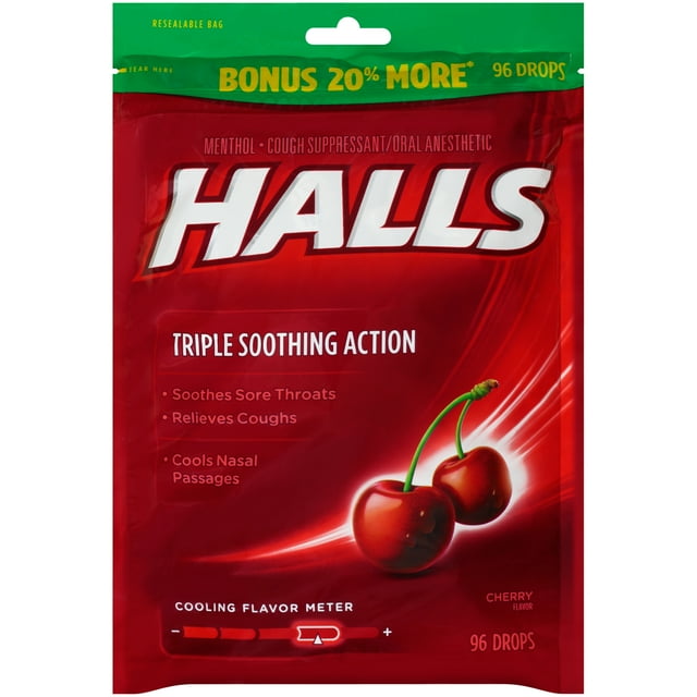 Halls Cherry Flavor Cough Drops, 96 Pcs