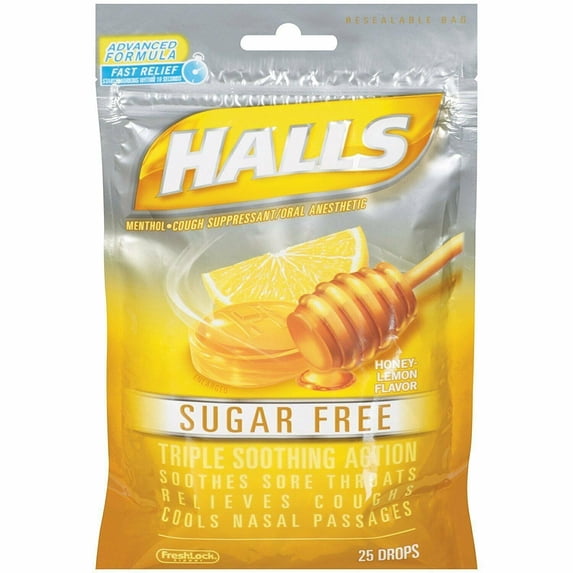 Halls Cough Suppressant Drops Triple Soothing Action Honey Lemon, 25ct, 3-Pack