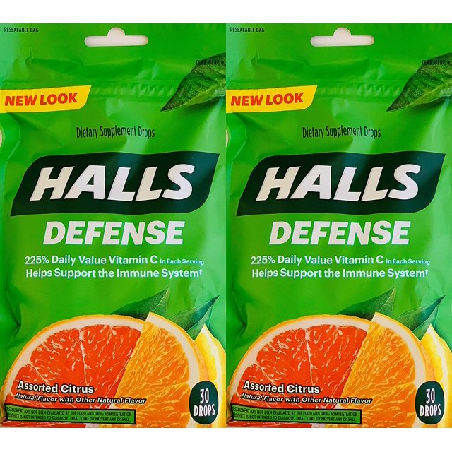 Halls Defense Vitamin C Assorted Citrus Cough Drops, 30Count (2 Pack