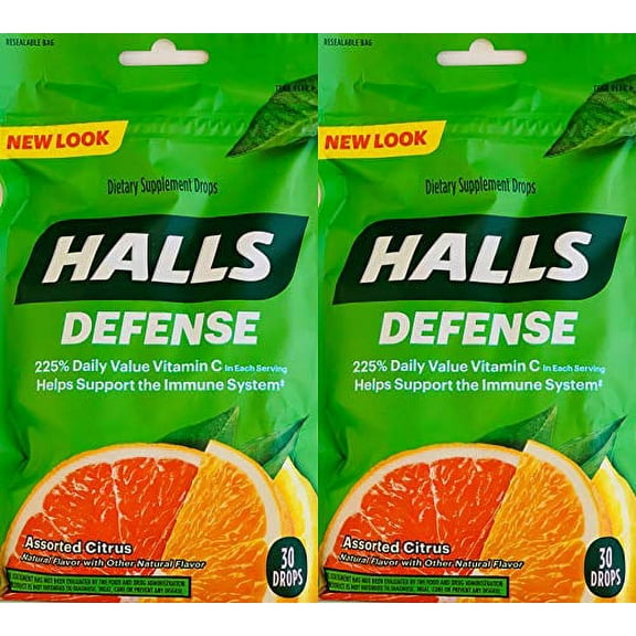 Halls Defense Vitamin C Assorted Citrus Cough Drops, 30-Count (2 Pack) (2 Pack)