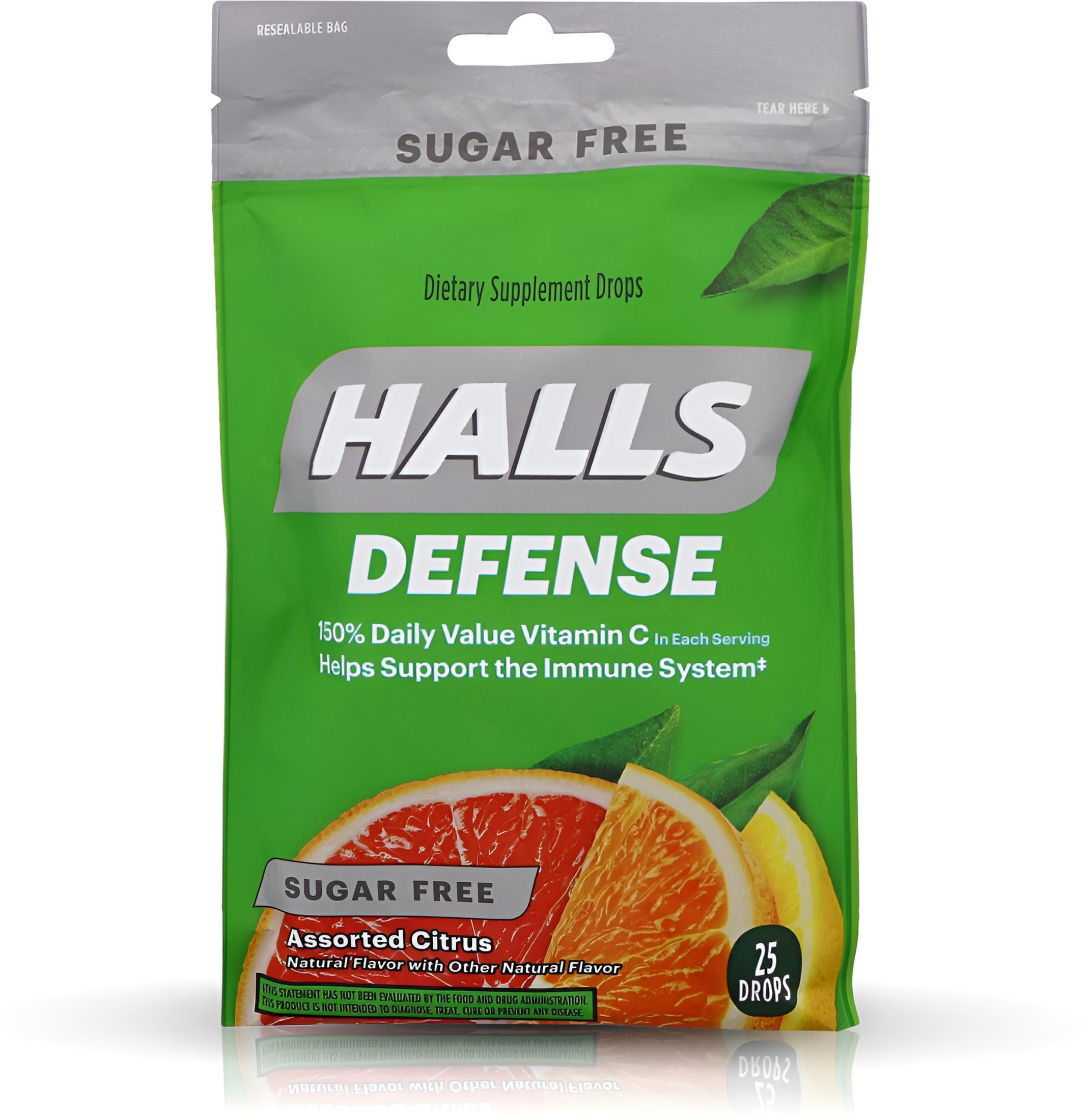 Halls Defense Vitamin C Drops Sugar Free Assorted Citrus 25 Each (Pack of 4)