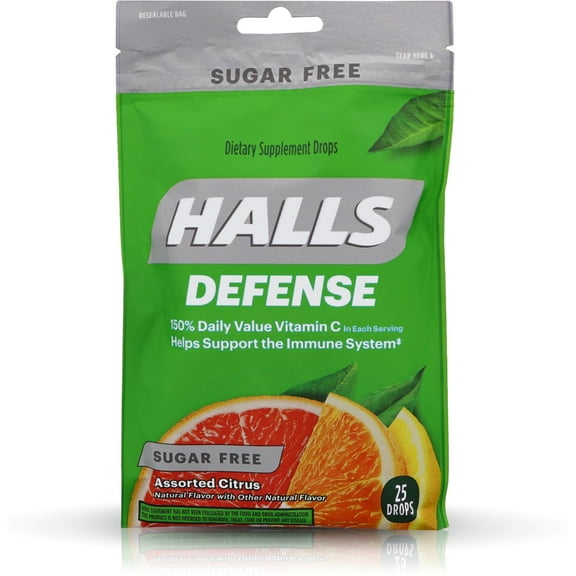 Halls Defense Vitamin C Drops Sugar Free Assorted Citrus 25 Each (Pack of 6)