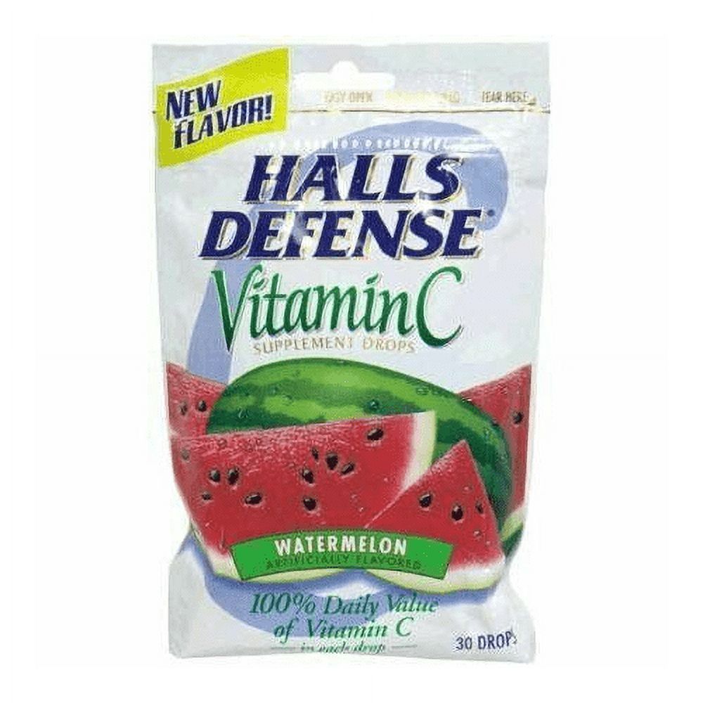 Halls Defense Vitamin C Supplement Drops, Watermelon Flavor, 30 ct Pack