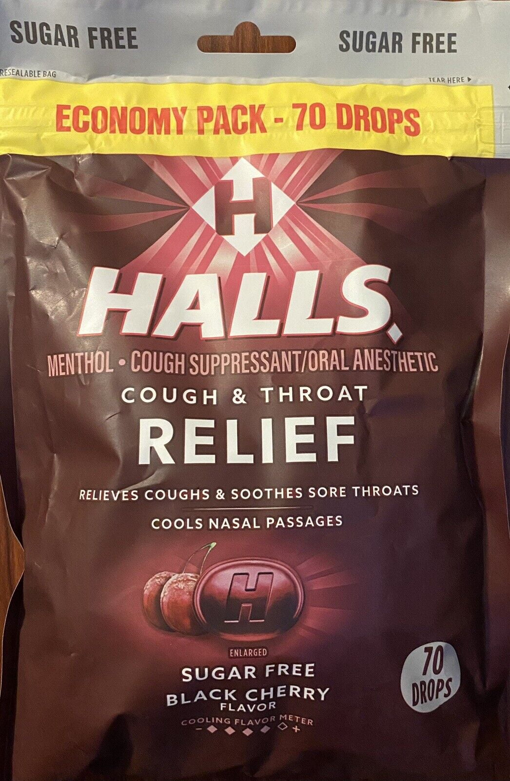 Halls ECONOMY PACK Black Cherry Cough & Throat Relief SUGAR FREE 70