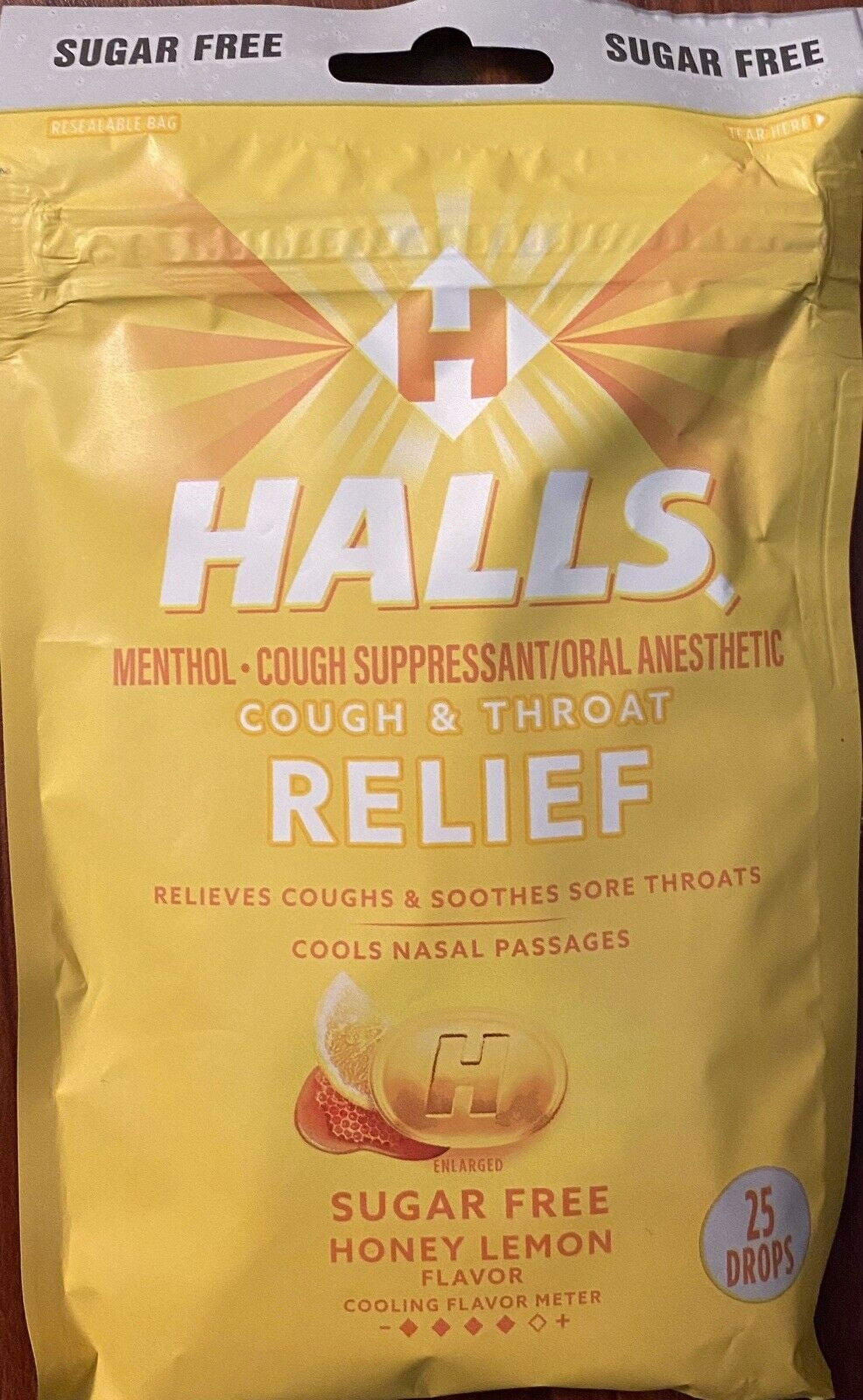 Halls HONEY LEMON SUGAR FREE Throat Lozenges Menthol Cough Suppressant