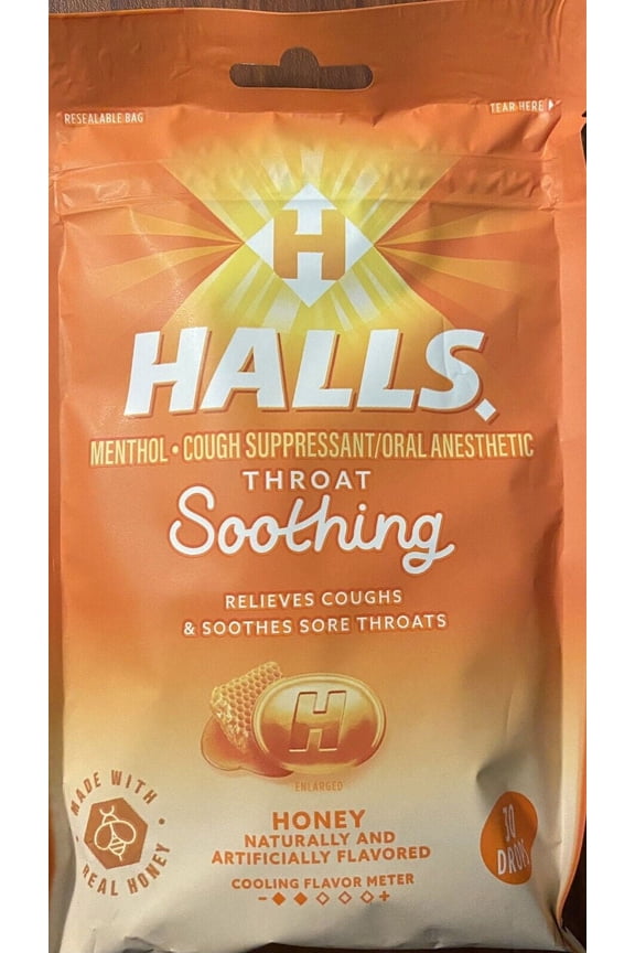 Halls HONEY Throat Soothing Lozenges Menthol Cough Suppressant 30 Drops - NEW