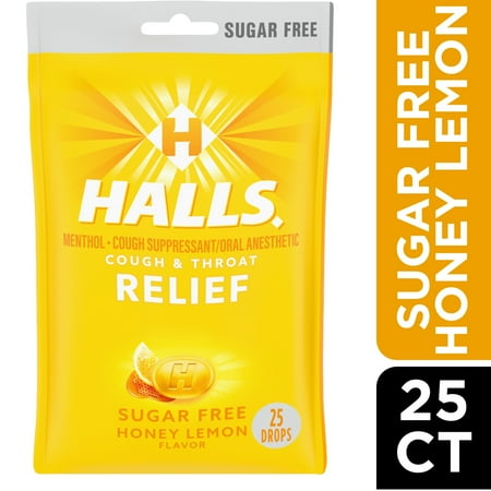 HALLS Relief Honey Lemon Sugar Free Cough Drops, 25 Drops