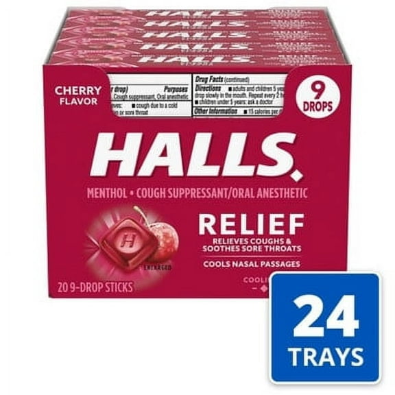 Halls Mentho Lyptus Cough Drops Cherry 20-9 Drop Sticks, (24 Count)