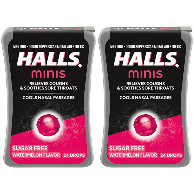 Halls Minis Watermelon Flavor Sugar Free Cough Drops, Travel Size, 48