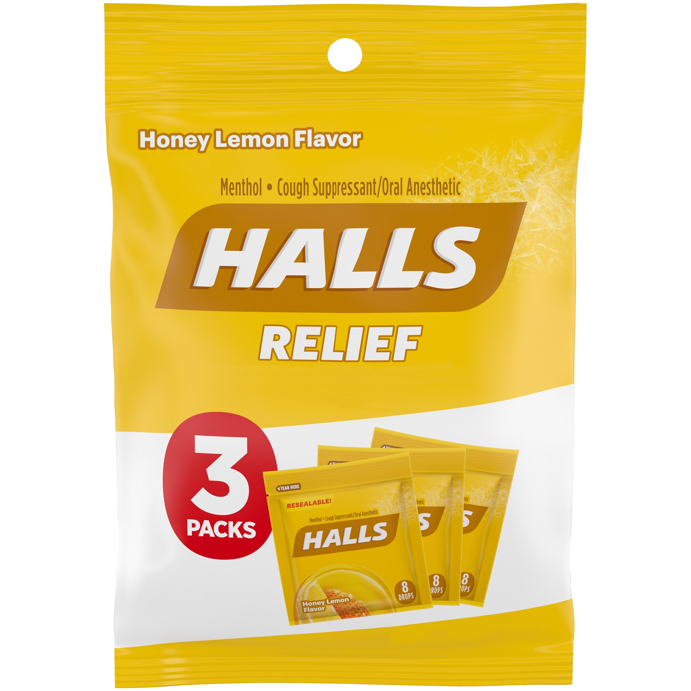 HALLS Relief Honey Lemon Flavor Cough Drops, 1 Bag - 3 On-the-Go Packs Per Bag (24 Drops Total)