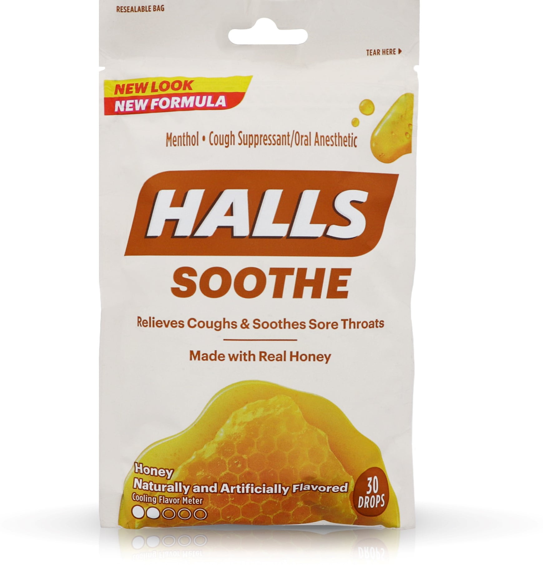 Halls Soothe Cough & Sore Throat Menthol Relief, Real Honey, 30ct, 2